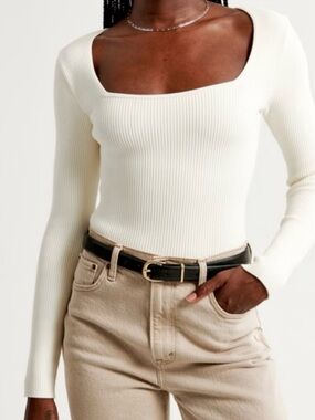 Abercrombie & Fitch Cream Ribbed Square Neck Long Sleeve